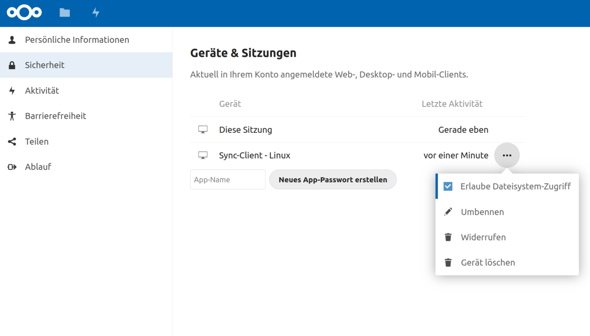 Bildschirmansicht des Auswahlpunktes "Sicherheit" in den Einstellungen der Nextcloud. Unter der Überschrift "Geräte & Sitzungen" sind für einen verbundenen Client die weiteren Einstellungen geöffnet. Dort ist der Punkt "Erlaube Dateizugriff" aktiviert.